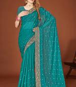 Teal blue zari resham embroidered border two tone silk party wear saree with blouse piece