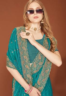 Teal blue zari resham embroidered border two tone silk party wear saree with blouse piece 2