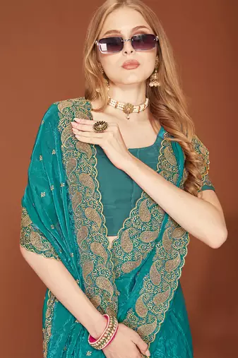 Teal blue zari resham embroidered border two tone silk party wear saree with blouse piece