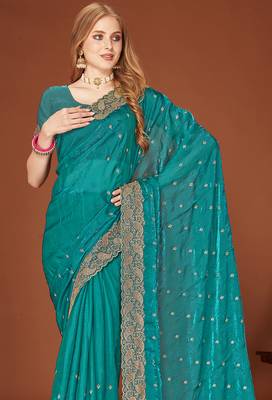 Teal blue zari resham embroidered border two tone silk party wear saree with blouse piece 3