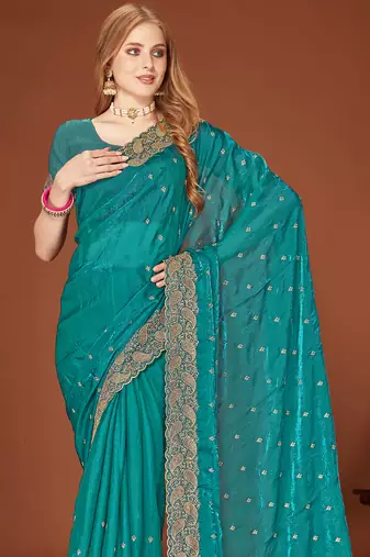 Teal blue zari resham embroidered border two tone silk party wear saree with blouse piece