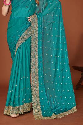 Teal blue zari resham embroidered border two tone silk party wear saree with blouse piece 4