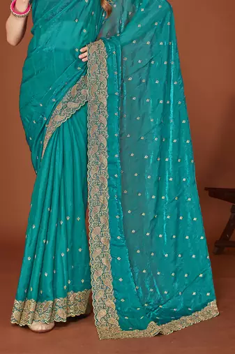 Teal blue zari resham embroidered border two tone silk party wear saree with blouse piece