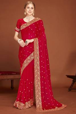 Magenta zari resham embroidered border two tone silk party wear saree with blouse piece 1