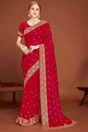 Magenta zari resham embroidered border two tone silk party wear saree with blouse piece