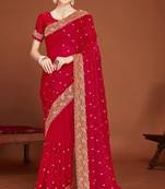 Magenta zari resham embroidered border two tone silk party wear saree with blouse piece