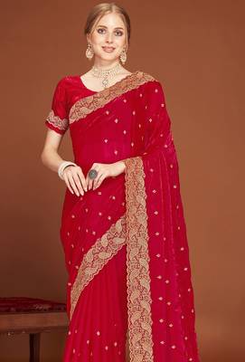 Magenta zari resham embroidered border two tone silk party wear saree with blouse piece 3