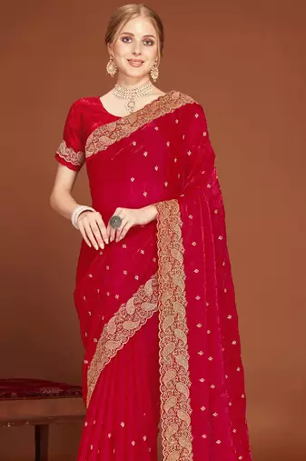 Magenta zari resham embroidered border two tone silk party wear saree with blouse piece