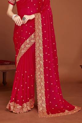 Magenta zari resham embroidered border two tone silk party wear saree with blouse piece 4