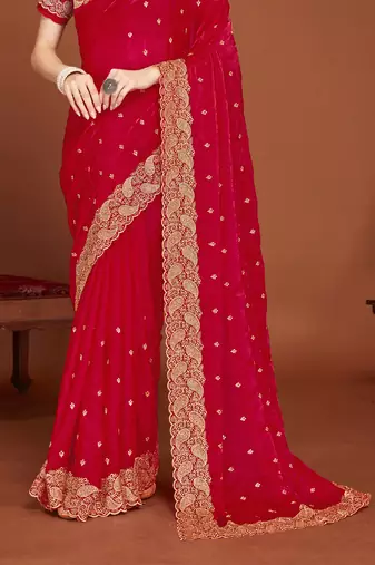 Magenta zari resham embroidered border two tone silk party wear saree with blouse piece