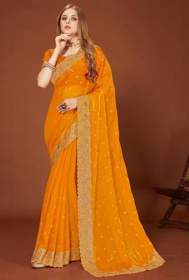 Mustard zari resham embroidered border two tone silk party wear saree with blouse piece 1