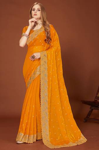 Mustard zari resham embroidered border two tone silk party wear saree with blouse piece