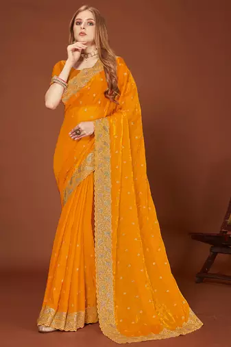 Mustard zari resham embroidered border two tone silk party wear saree with blouse piece