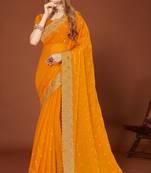 Mustard zari resham embroidered border two tone silk party wear saree with blouse piece