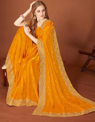 Mustard zari resham embroidered border two tone silk party wear saree with blouse piece 2