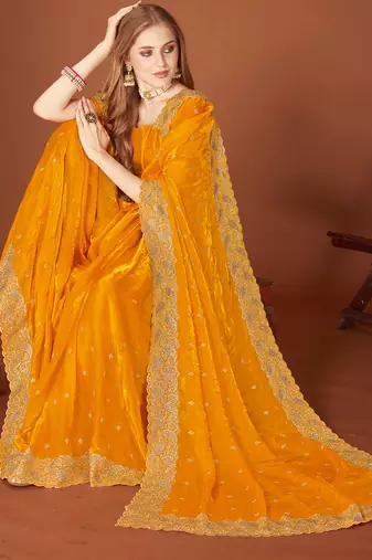 Mustard zari resham embroidered border two tone silk party wear saree with blouse piece
