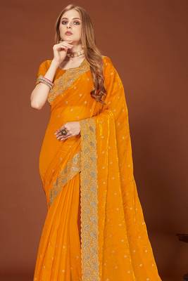 Mustard zari resham embroidered border two tone silk party wear saree with blouse piece 3