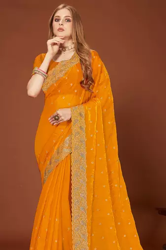 Mustard zari resham embroidered border two tone silk party wear saree with blouse piece