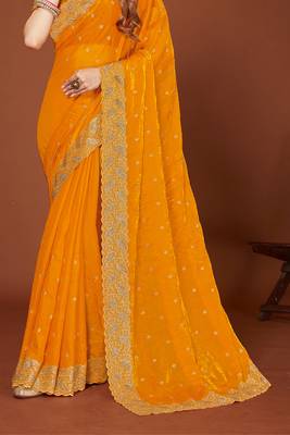 Mustard zari resham embroidered border two tone silk party wear saree with blouse piece 4