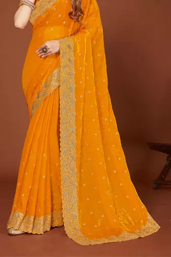 Mustard zari resham embroidered border two tone silk party wear saree with blouse piece