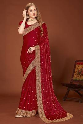 Maroon zari resham embroidered border two tone silk party wear saree with blouse piece 1