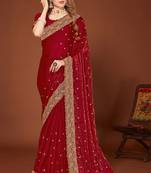 Maroon zari resham embroidered border two tone silk party wear saree with blouse piece