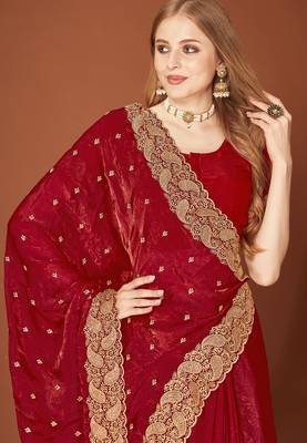 Maroon zari resham embroidered border two tone silk party wear saree with blouse piece 2
