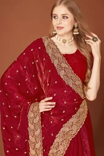 Maroon zari resham embroidered border two tone silk party wear saree with blouse piece
