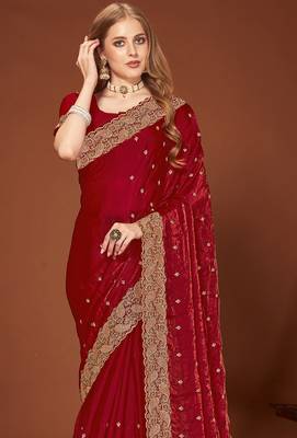 Maroon zari resham embroidered border two tone silk party wear saree with blouse piece 3