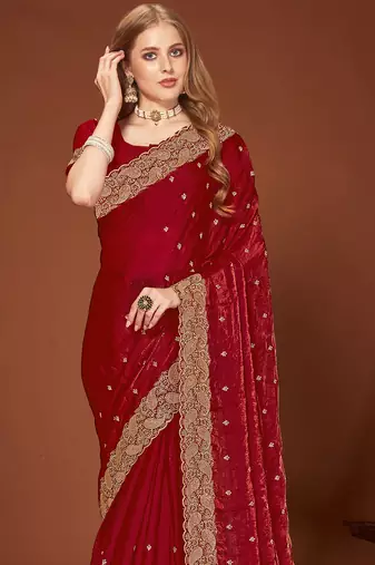 Maroon zari resham embroidered border two tone silk party wear saree with blouse piece