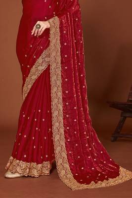 Maroon zari resham embroidered border two tone silk party wear saree with blouse piece 4