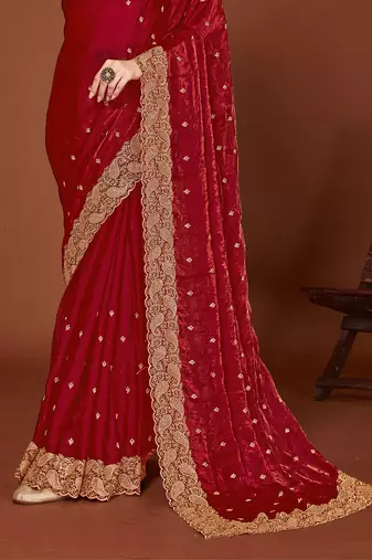 Maroon zari resham embroidered border two tone silk party wear saree with blouse piece
