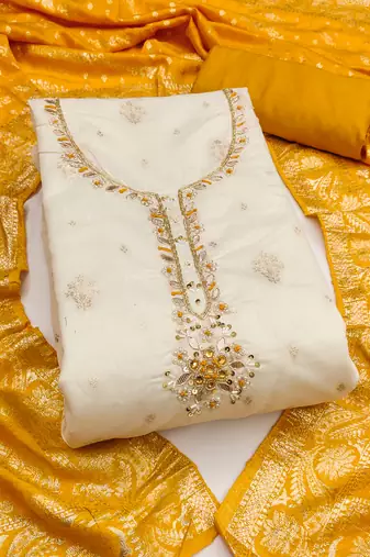 Women's unstitched weaving & handwork banarasi modal cotton silk dress material (msmfc11600a)