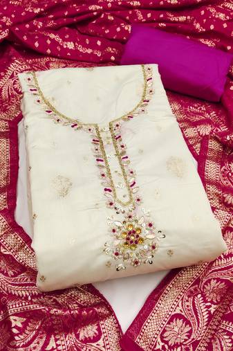Women's unstitched weaving & handwork banarasi modal cotton silk dress material (msmfc11600c)