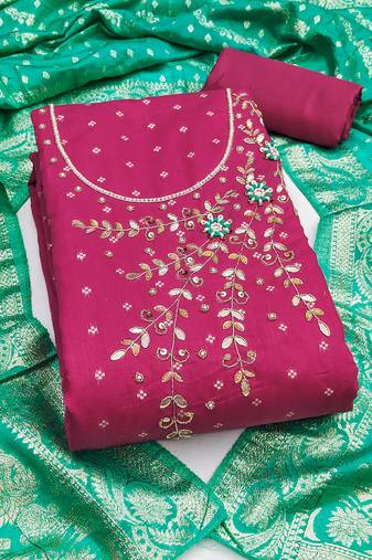 Women's pink unstitched weaving & handwork banarasi modal dress material (msmfc11602a)