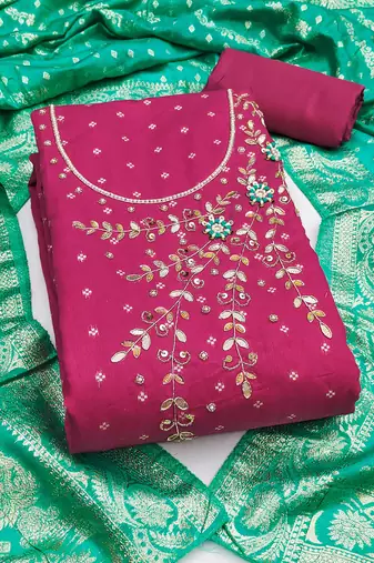 Women's pink unstitched weaving & handwork banarasi modal dress material (msmfc11602a)