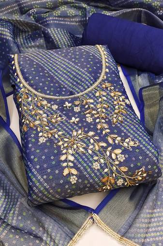 Women's unstitched bandhani print & handwork simmer cotton silk dress material (msmfc11603a)