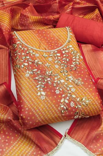 Women's unstitched bandhani print & handwork simmer cotton silk dress material (msmfc11603b)