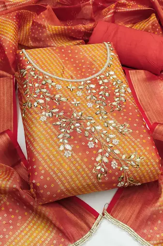 Women's unstitched bandhani print & handwork simmer cotton silk dress material (msmfc11603b)