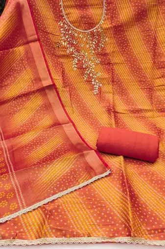  bandhani print & handwork simmer cotton silk dress material