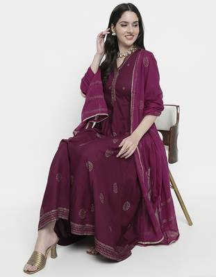 Purple rayon rogan printed & trim work anarkali kurta bottom dupatta set 1