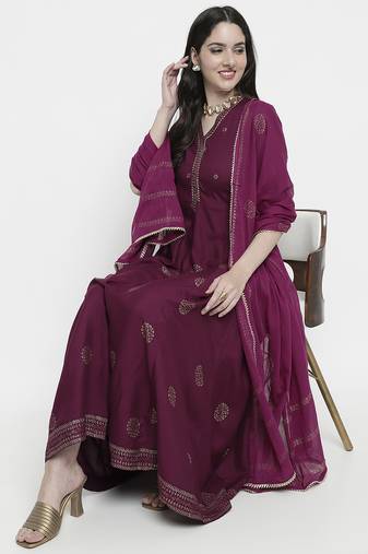 Purple rayon rogan printed & trim work anarkali kurta bottom dupatta set
