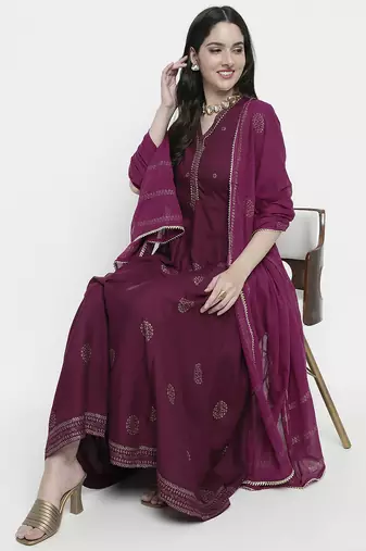 Purple rayon rogan printed & trim work anarkali kurta bottom dupatta set