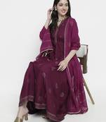 Purple rayon rogan printed & trim work anarkali kurta bottom dupatta set