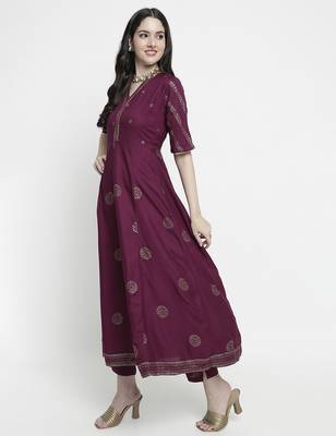 Purple rayon rogan printed & trim work anarkali kurta bottom dupatta set 2