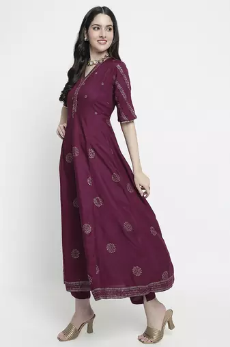 Purple rayon rogan printed & trim work anarkali kurta bottom dupatta set