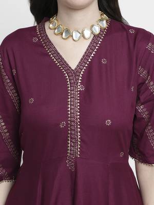 Purple rayon rogan printed & trim work anarkali kurta bottom dupatta set 3