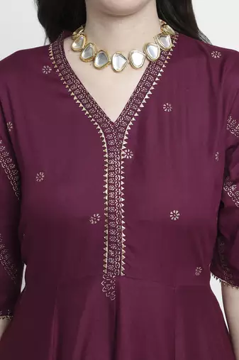 Purple rayon rogan printed & trim work anarkali kurta bottom dupatta set