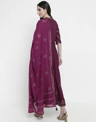 Purple rayon rogan printed & trim work anarkali kurta bottom dupatta set 4