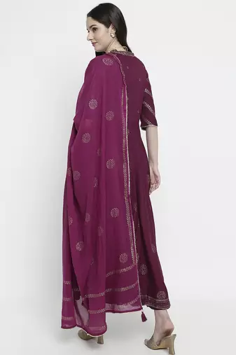 Purple rayon rogan printed & trim work anarkali kurta bottom dupatta set